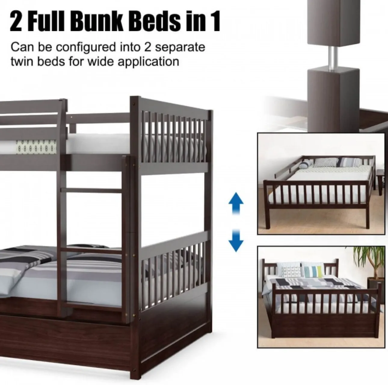 Heavy Duty Full Over Bunk Bed  Platform Bed With Solid Ladder | Sturdy Pine Wood Frame | 2 Full Bunk Beds In 1